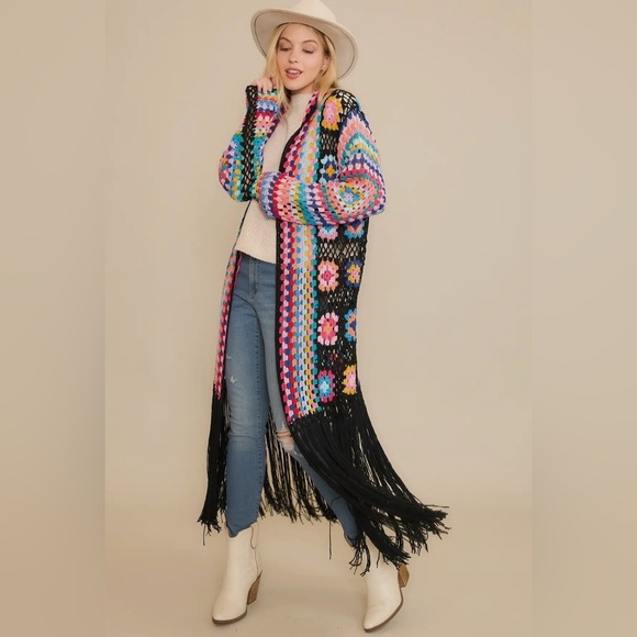 Sweet Generis M/L Black Multi Crochet Fringe Cardigan Grannycore Cottagecore - Picture 3 of 3